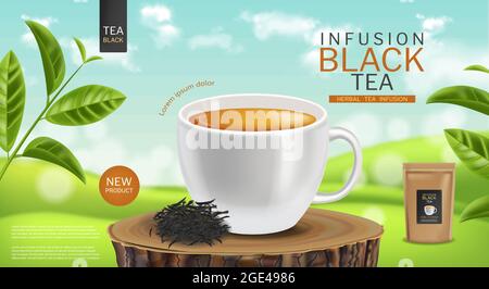 Black tea cup vector realistic. Tea bag product packaging mock up. Detailed 3d illustration Stock Vector