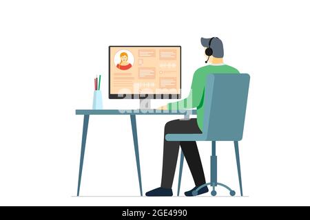Call center operator man and user information on monitor screen. Male hotline or cold calling employee. Online customer support department staff, telemarketing, consultation and assistance centre. Eps Stock Vector