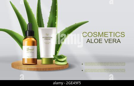 Aloe Vera cosmetics Vector realistic. Serum and cream product placement mock up bottles. Packaging design label lotion Stock Vector