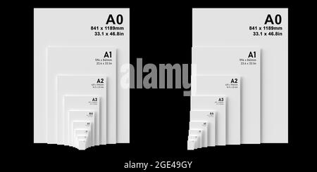 International A series paper size formats from A0 to A8, with black text printed on white textured paper and isolated on a black background. 3D Illust Stock Photo