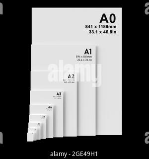 International A series paper size formats from A0 to A8, with black text printed on white textured paper and isolated on a black background. 3D Illust Stock Photo