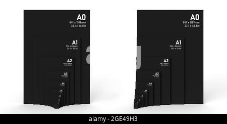 International A series paper size formats from A0 to A8, with white text printed on black textured paper and isolated on a white background. 3D Illust Stock Photo