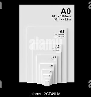 International A series paper size formats from A0 to A8, with black text printed on white textured paper and isolated on a black background. 3D Illust Stock Photo