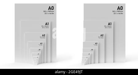 International A series paper size formats from A0 to A8, with black text printed on white textured paper and isolated on a white background. Stock Photo