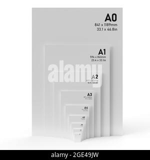 International A series paper size formats from A0 to A8, with black text printed on white textured paper and isolated on a white background. 3D Illust Stock Photo