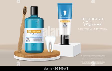 Organic Toothpaste and mouthwash on stage Vector realistic. Special hygiene product placement mock up Stock Vector