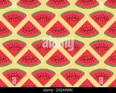 Watermelon slices seamless pattern in pixel art style. 8 bit icon watermelon with seeds. Trend design for printing, wrapping paper and advertising. Ve Stock Vector