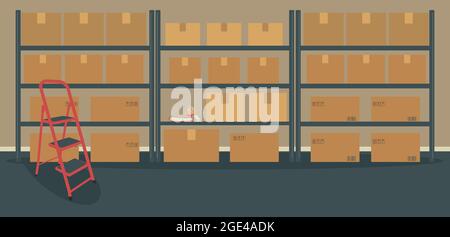 Warehouse or storeroom: racks with cardboard boxes and ladder.Cargo in packages, tape dispenser and folders on shelf, staircase.Place of work Stock Vector