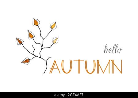 Banner hello autumn lettering with doodling physalis branch, hand drawing, tracing, isolated, on a white background, for your design. Vector illustration Stock Vector