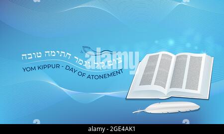 Jewish holiday Yom Kippur, Day of Atonement traditional symbols book, feather quill pen, horn on abstract background. Hebrew Text translation Good fin Stock Vector