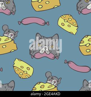 Vector seamless pattern with cat and mouse faces with food in their mouthes. Cat, mouse, sausages and cheese on blue background. Stock Vector