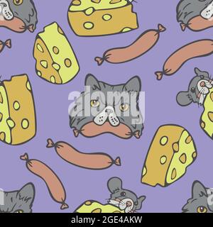 Vector seamless pattern with cat and mouse faces with their favorite food. Funny design with cat, mouse, sausages and cheese. Stock Vector