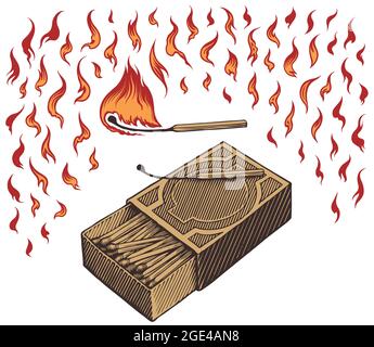 Matches and flames. Design set. Editable hand drawn illustration. Vector engraving. Isolated on white background. 8 EPS Stock Vector