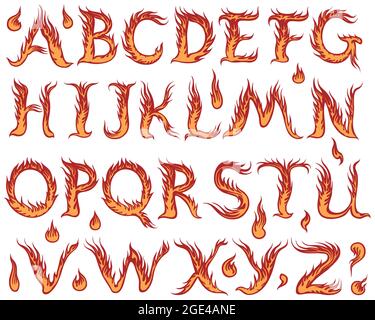 Fiery font. Design set. Editable hand drawn illustration. Vector engraving. Isolated on white background. 8 EPS Stock Vector
