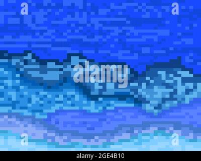 Night hilly landscape in pixel art style. Retro 8-bit video game of the 90s in 2D. Pixel art design for games, apps, banners and posters. Vector illus Stock Vector
