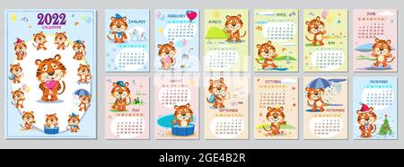 Cute Tiger Wall Calendar Template for 2022, Year of the Tiger, Chinese Calendar, A4. Week starts on Sunday. Cartoon, Cute character in flat design Stock Vector