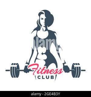 Fitness Club Logo. Athletic Woman Holds Barbell on White Background. Vector illustration. Stock Vector