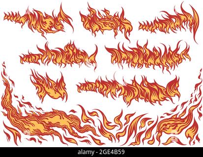 Fiery elements. Design set. Editable hand drawn illustration. Vector engraving. Isolated on white background. 8 EPS Stock Vector