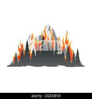 Burning forest trees against the background of mountains Stock Vector