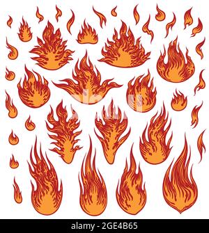 Flames. Design set. Editable hand drawn illustration. Vector engraving. Isolated on white background. 8 EPS Stock Vector