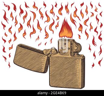 Lighter and flames. Design set. Editable hand drawn illustration. Vector engraving. Isolated on white background. 8 EPS Stock Vector