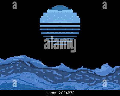 Pixel night sea with retro moon. Full moon over the ocean. Retro 8-bit video game of the 90s in 2D. Pixel art design for games, apps, banners and post Stock Vector