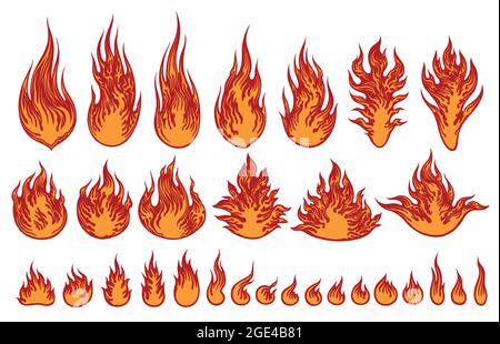 Flames. Design set. Editable hand drawn illustration. Vector engraving. Isolated on white background. 8 EPS Stock Vector