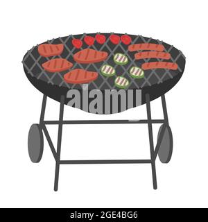 Barbecue grill isolated on white background vector illustration. Kettle grill with different delicious meat and vegetables. BBQ traditional cooking fo Stock Vector