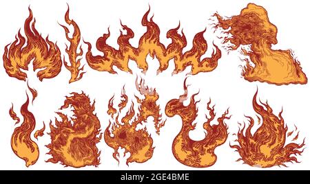 Flames. Design set. Editable hand drawn illustration. Vector engraving. Isolated on white background. 8 EPS Stock Vector