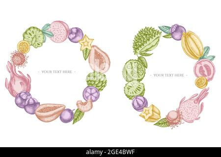 Wreath design with pastel papaya, guava, passion fruit, starfruit, durian, rambutan, pitaya, jackfruit, sugar-apple, soursop, mangosteen Stock Vector