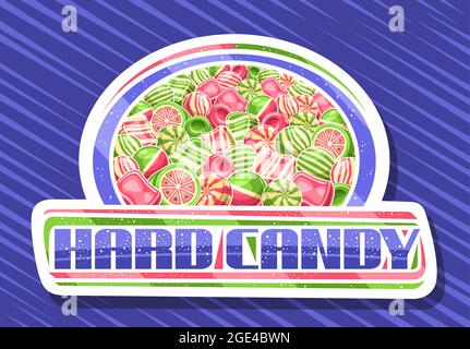 Vector logo for Hard Candy, decorative cut paper sign board with illustration of assorted bubblegums and striped cute candies, poster with unique lett Stock Vector