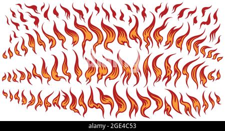 Flames. Design set. Editable hand drawn illustration. Vector engraving. Isolated on white background. 8 EPS Stock Vector