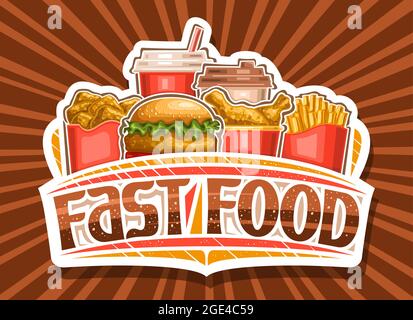 Vector logo for Fast Food, cut paper sign board for american cafe with illustration of roasted chicken pieces in red cardboard bucket, chicken burger Stock Vector
