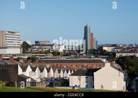 View across the older Victorian houses in Plymouth towards the Beckley Point student flats with copyspace to the top. Stock Photo