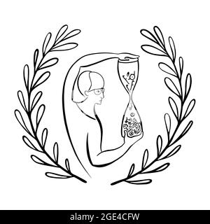 An old man holding sand hourglasses with his life memories falling down. Fast running lifetime concept. Hand drawn vector illustration. Stock Vector