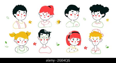 Friends team - set of colorful line design style illustration with cartoon characters. Portraits of different pairs of children - boys and girls of sc Stock Vector