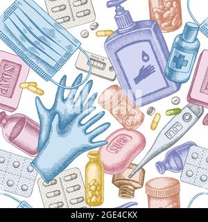 Seamless pattern with hand drawn pastel pills and medicines, medical face mask, sanitizer bottles, medical thermometer, coronavirus rapid test, soap Stock Vector