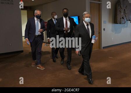 New York City, USA. 16th Aug, 2021. United Nations Secretary-General António Guterres (r) is seen leaving the Security Council meeting regarding Afghanistan, United Nations Headquarters, August 16, 2021. (Anthony Behar/Sipa USA) Credit: Sipa USA/Alamy Live News Stock Photo