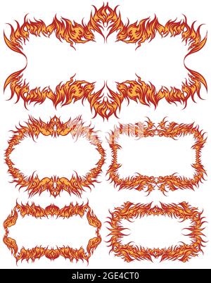 Fiery frames. Design set. Editable hand drawn illustration. Vector engraving. Isolated on white background. 8 EPS Stock Vector