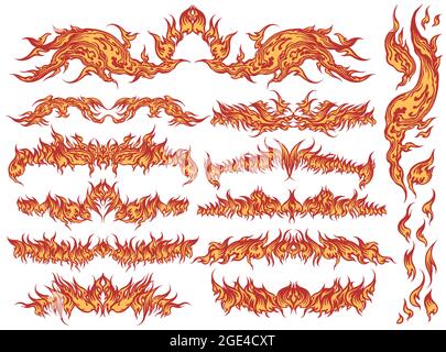 Fiery elements. Design set. Editable hand drawn illustration. Vector engraving. Isolated on white background. 8 EPS Stock Vector