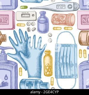 Seamless pattern with hand drawn pastel pills and medicines, medical face mask, sanitizer bottles, medical thermometer, coronavirus rapid test, soap Stock Vector
