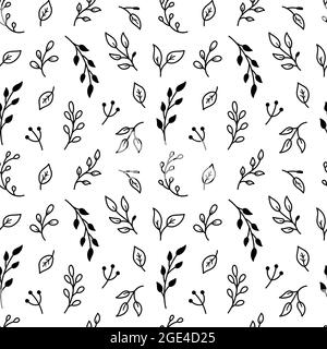 Botanical seamless pattern with tiny twigs and leaves. Abstract floral background. Vector hand-drawn illustration in doodle style.Perfect for cards Stock Vector