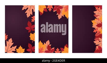 Autumn. Vector background collection with copy space. Three banners with autumn colorful leaves on dark purple backdrop. Flat design Stock Vector