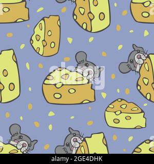 Vector seamless pattern with mouse and cheese. Little cute mouse is eating cheese. Stock Vector