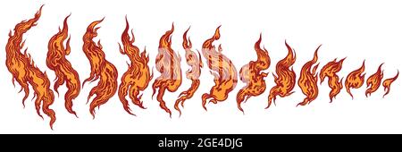 Flames. Design set. Editable hand drawn illustration. Vector engraving. Isolated on white background. 8 EPS Stock Vector