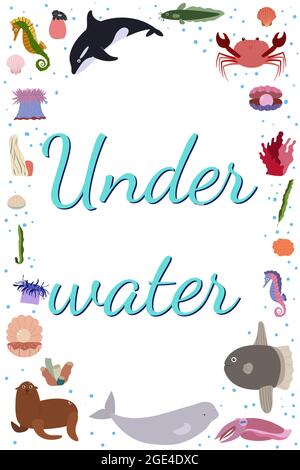 Frame template with cartoon sea animals. Ocean rectangle composition with sea horse, whale, crab and shell, beluga, coral. Underwater life. Stock Vector