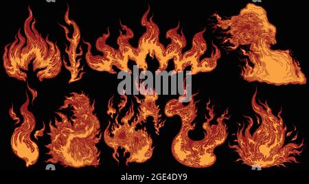 Flames. Design set. Editable hand drawn illustration. Vector engraving. Isolated on black background. 8 EPS Stock Vector