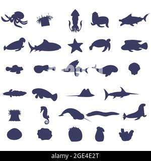 Set of sea animal silhouette on white background. Collection of underwater life design element. Vector marine cartoon drawing. Part 2 Stock Vector
