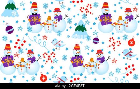 Winter pattern with snowmen, tree and gifts. Family Snowman Stock Vector