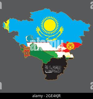 Map of Central Asia with Afghanistan captured by the Taliban. Instead of the flag of Afghanistan, there is a Taliban sign on the contour of the countr Stock Vector